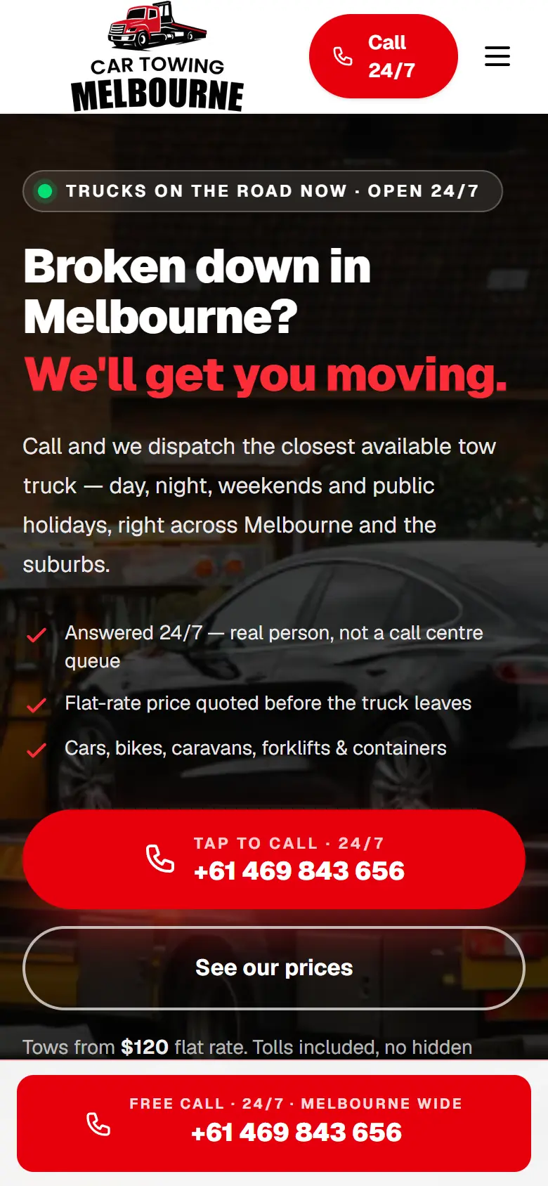 Car Towing Melbourne website on a phone