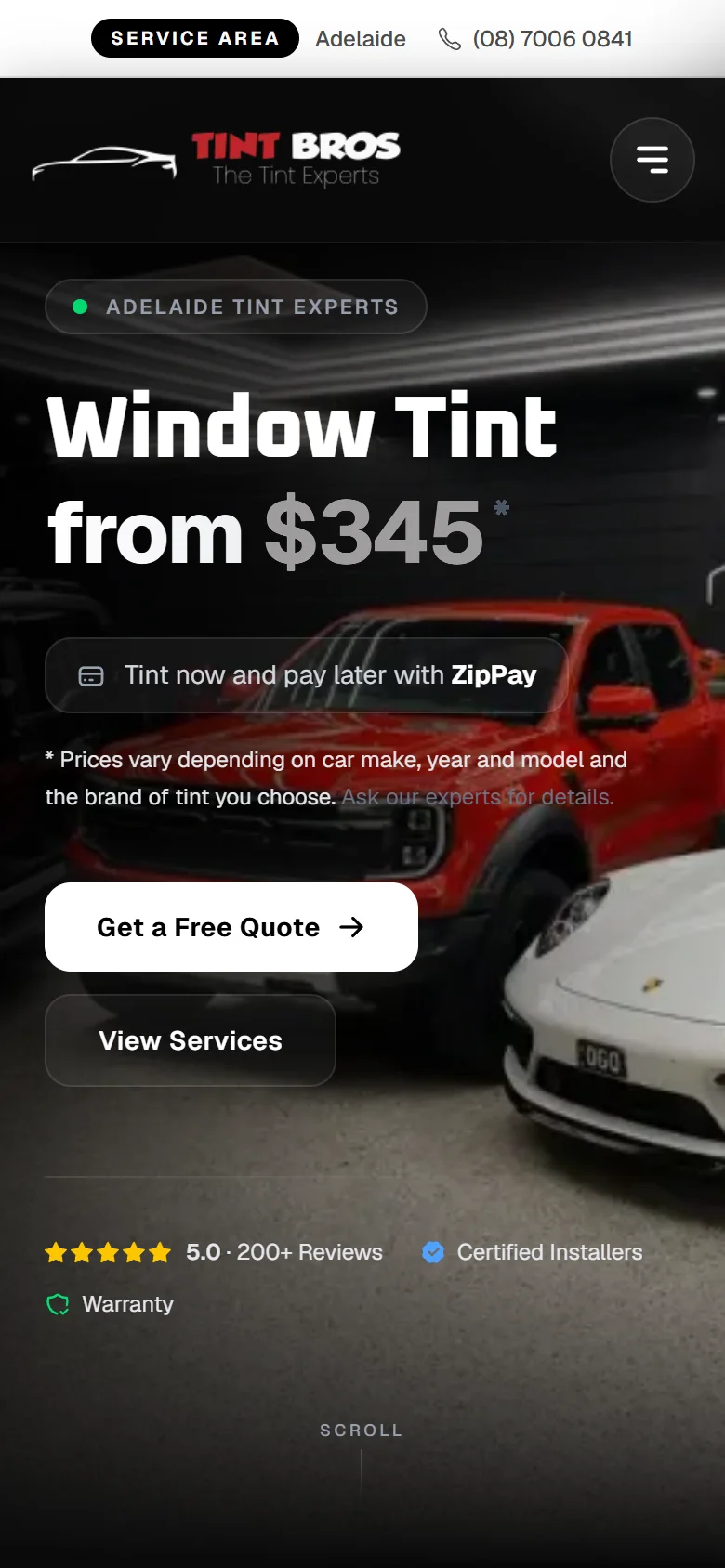 Tint Bros website on a phone